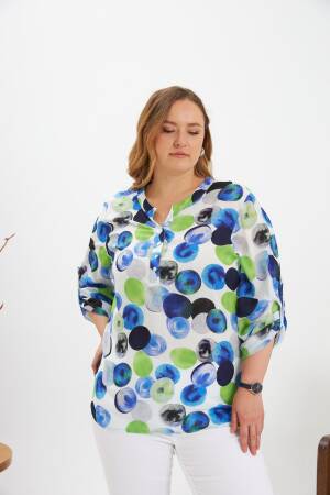 Blue Plus Size Polka Dot Blouse With 3/4 Sleeves