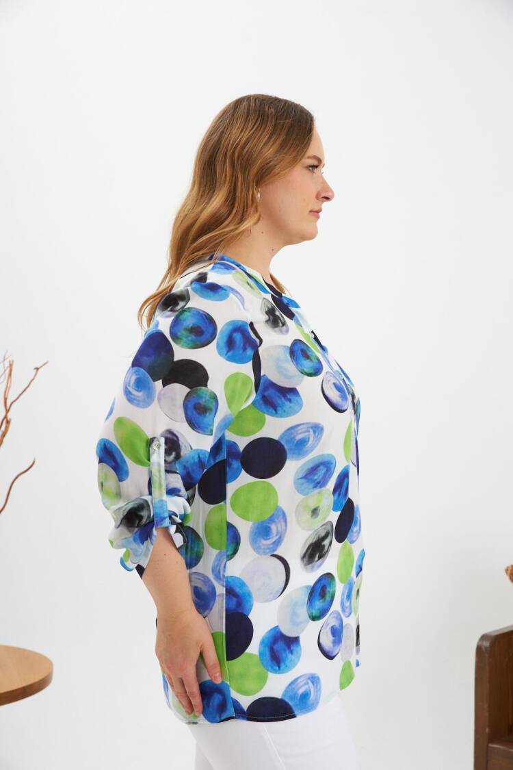 Blue Plus Size Polka Dot Blouse With 3/4 Sleeves
