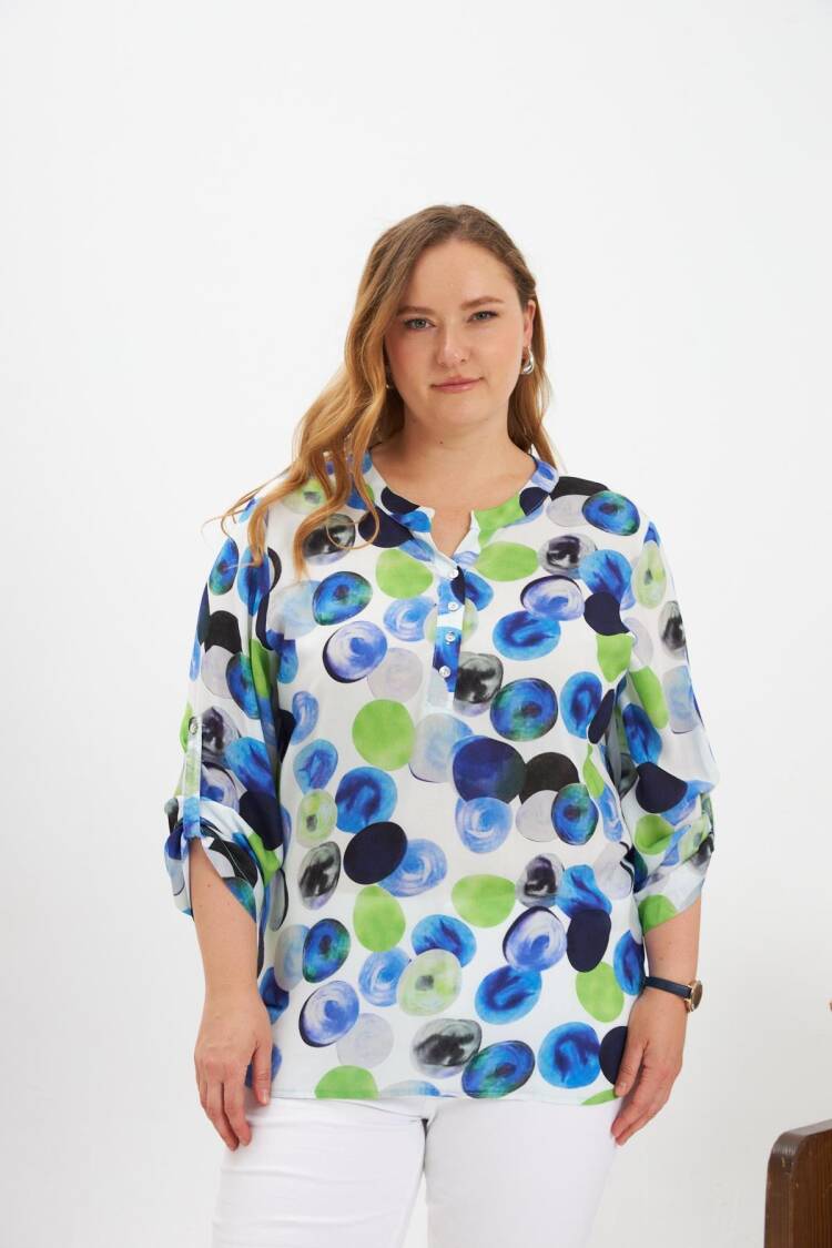 Blue Plus Size Polka Dot Blouse With 3/4 Sleeves