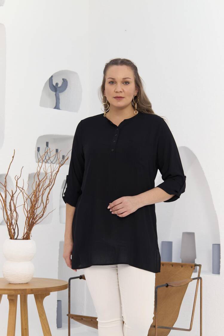 Plus Size Elegant Blouse With Grandad Neck