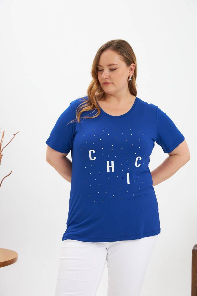 Blue Casual Plus Size Tshirt With Letter Print