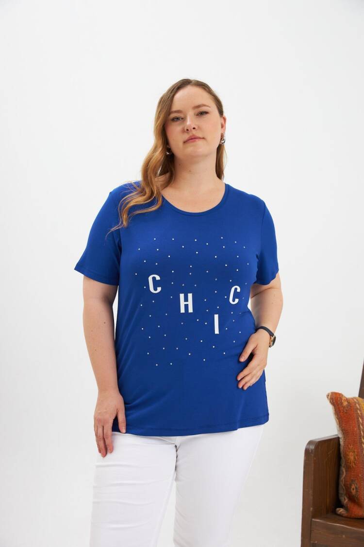 Blue Casual Plus Size Tshirt With Letter Print