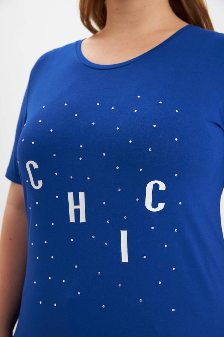 Blue Casual Plus Size Tshirt With Letter Print