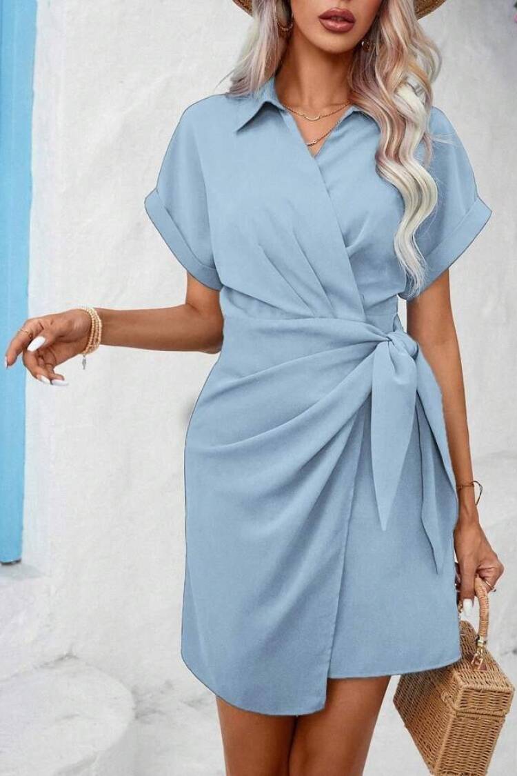 Wrap Dress With Notched Neck And Short Sleeves