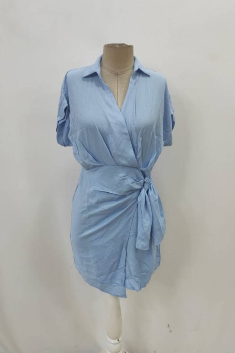 Wrap Dress With Notched Neck And Short Sleeves