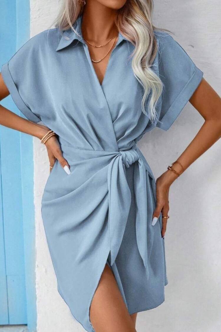 Wrap Dress With Notched Neck And Short Sleeves