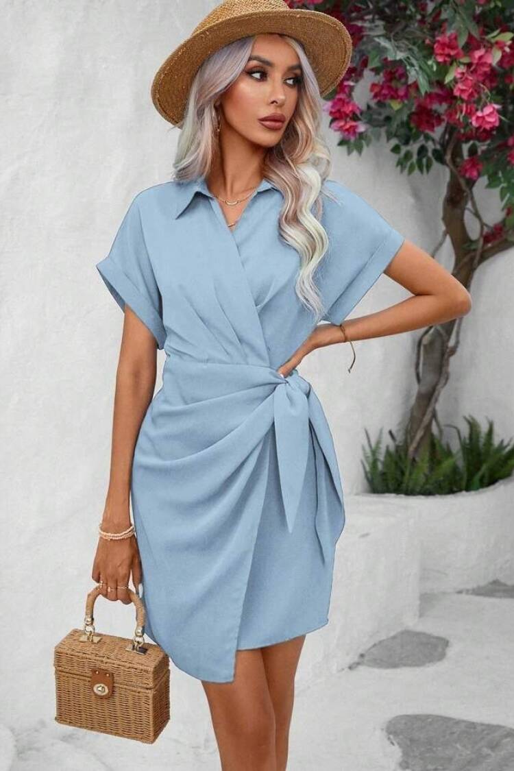 Wrap Dress With Notched Neck And Short Sleeves
