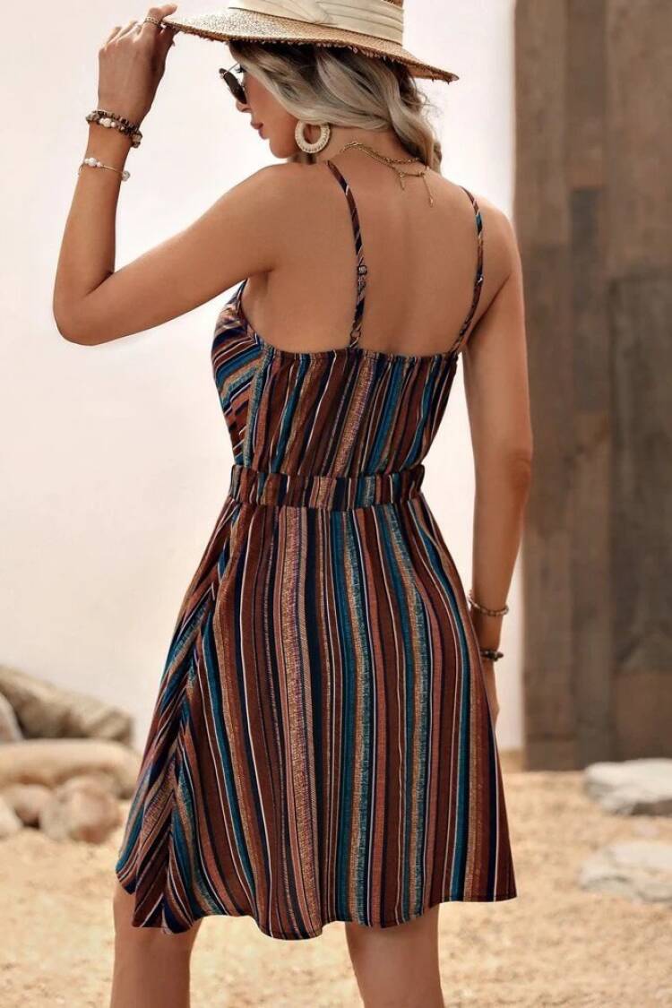Brown Striped Sleeveless Slip Dress