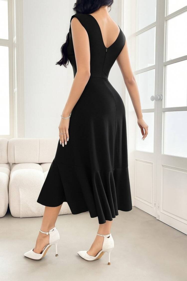 Elegant Black Fit And Flare Dress With Boat Neck