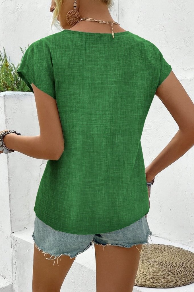 Casual Boho Blouse With V-Neck & Cap Sleeves