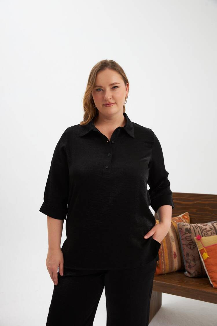 Black Plus Size Elegant Blouse With Polo Neck