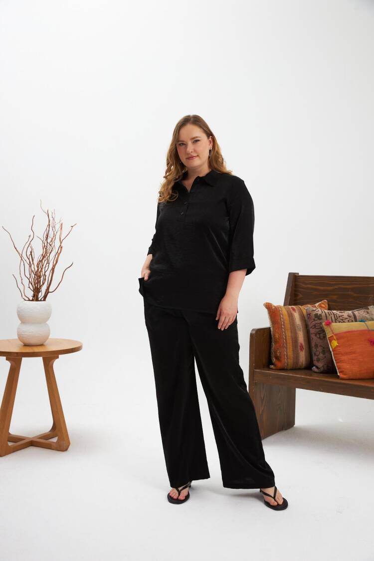Black Plus Size Elegant Blouse With Polo Neck