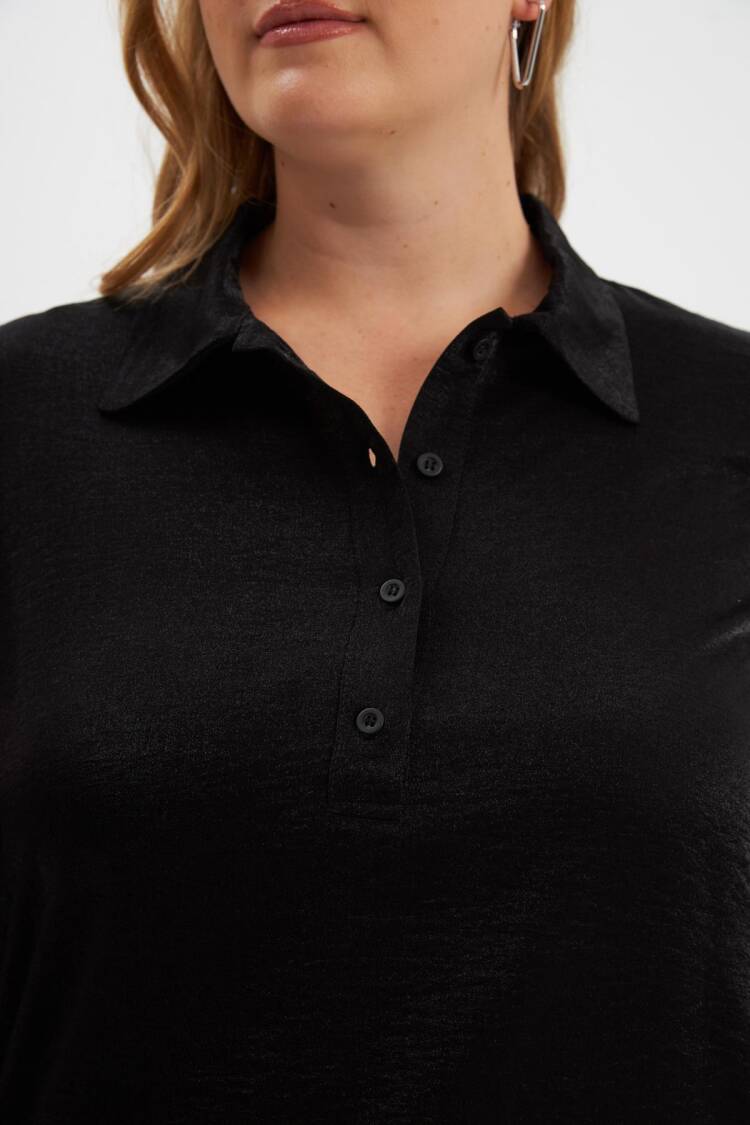 Black Plus Size Elegant Blouse With Polo Neck