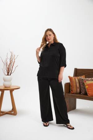 Black Plus Size Elegant Blouse With Polo Neck