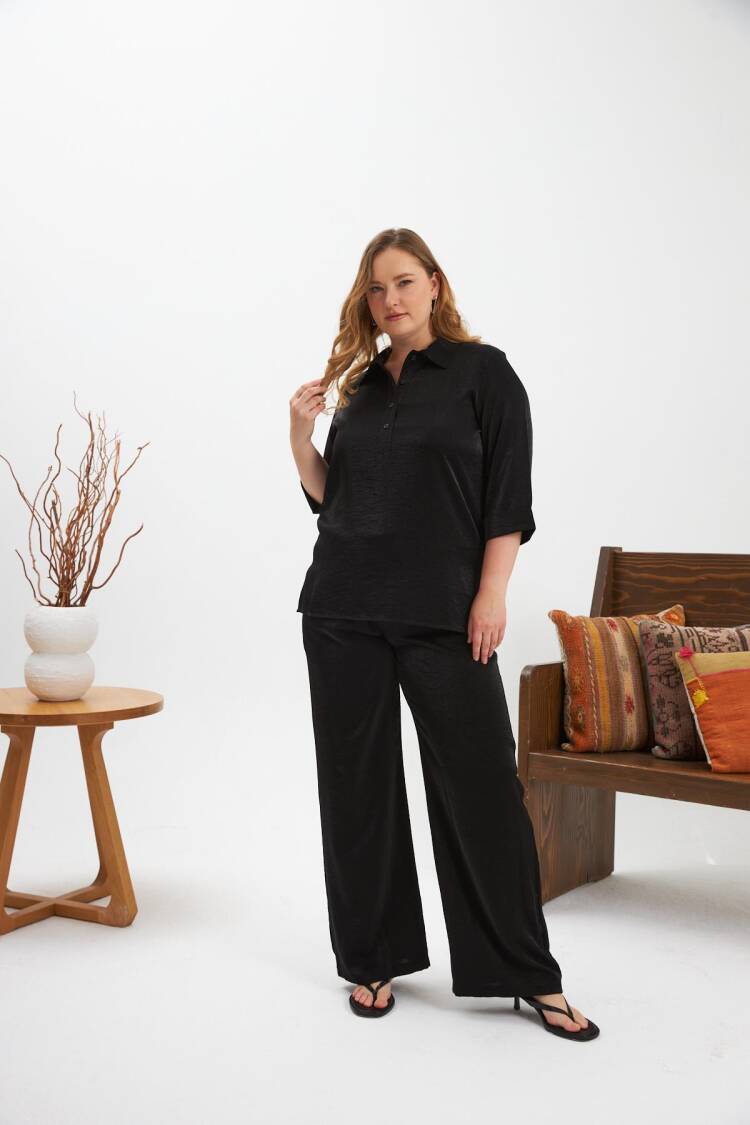 Black Plus Size Elegant Blouse With Polo Neck