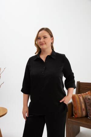 Black Plus Size Elegant Blouse With Polo Neck