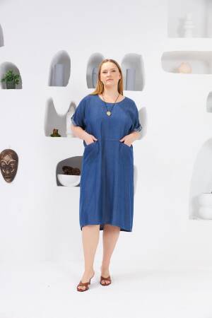 Blue Casual Plus Size Modest Shift Dress