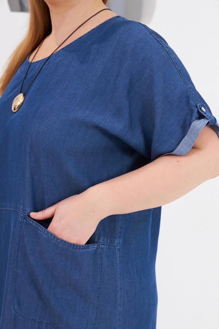 Blue Casual Plus Size Modest Shift Dress