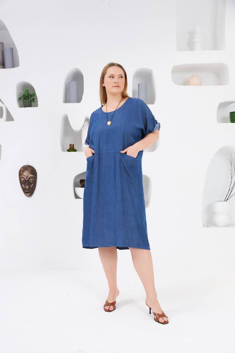 Blue Casual Plus Size Modest Shift Dress
