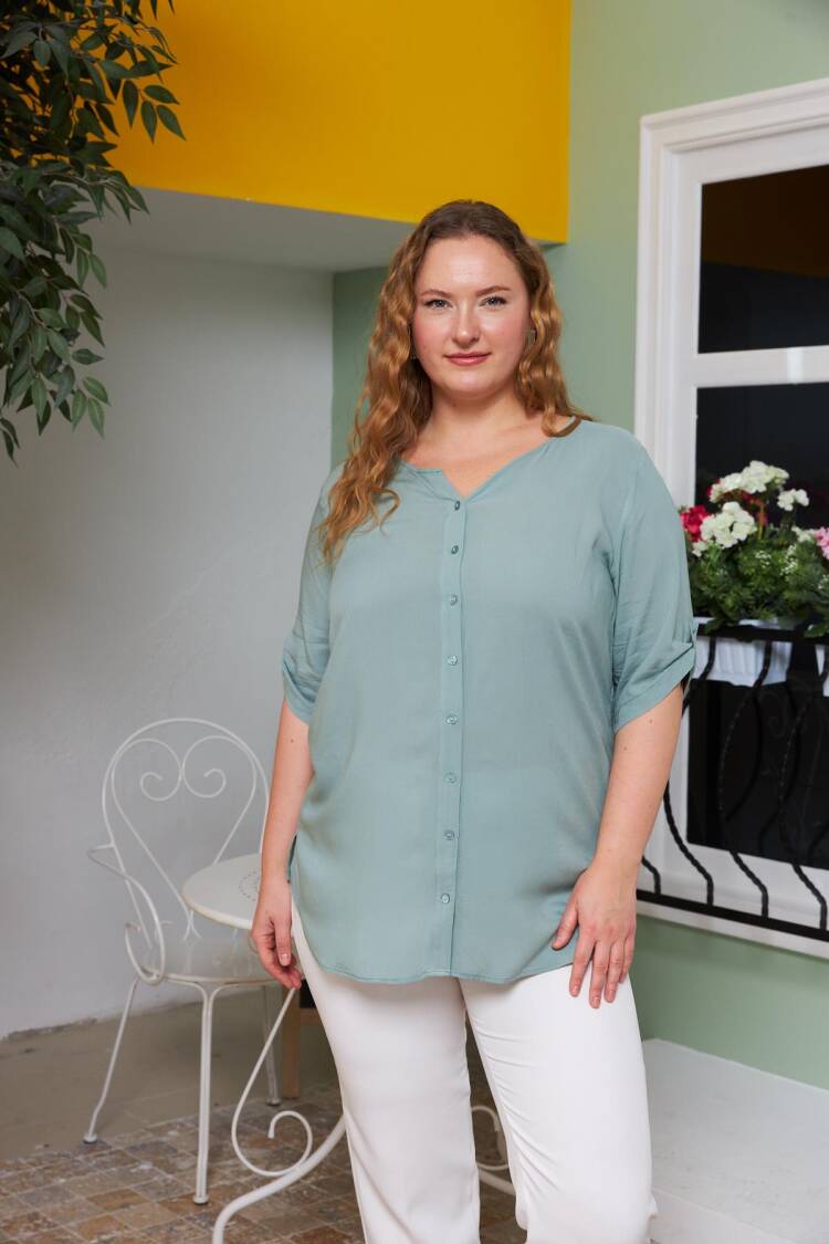 Blue Casual Plus Size Modest Shirt