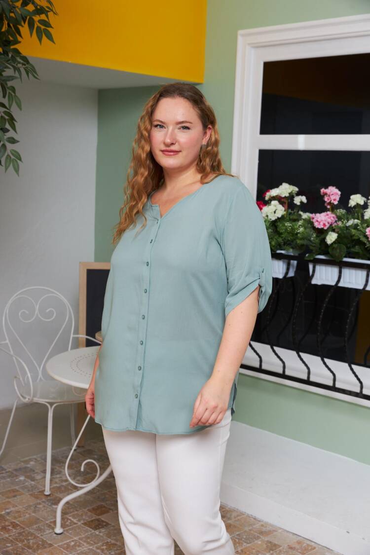 Blue Casual Plus Size Modest Shirt
