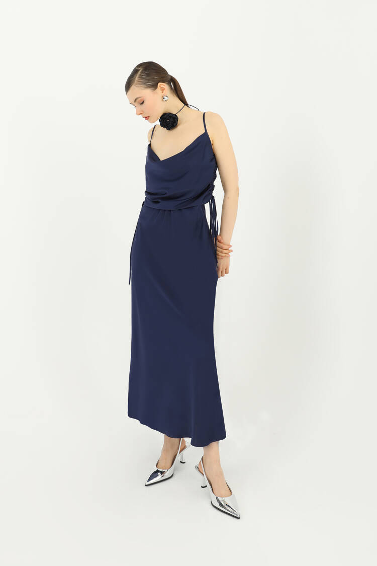 Elegant NavyMaxi Slip Skirt With Tie Closure