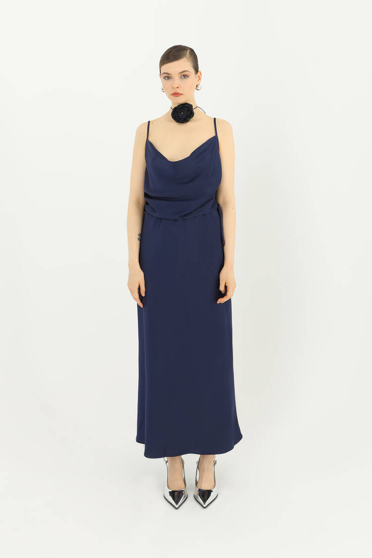Elegant NavyMaxi Slip Skirt With Tie Closure