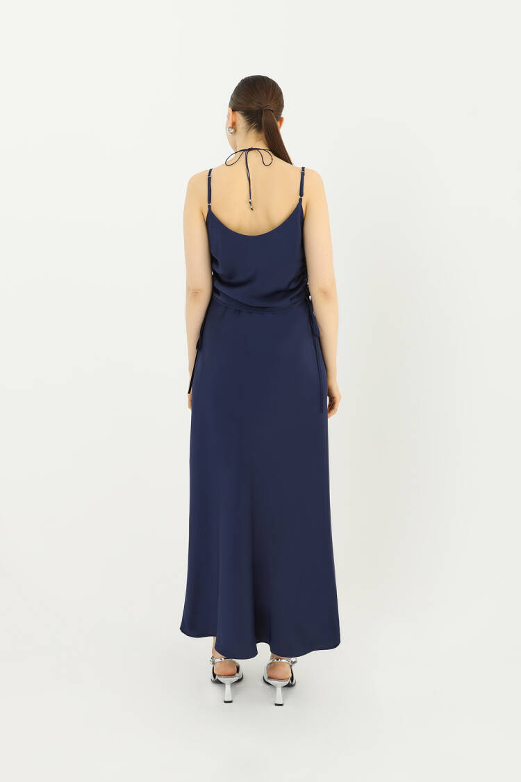 Elegant NavyMaxi Slip Skirt With Tie Closure