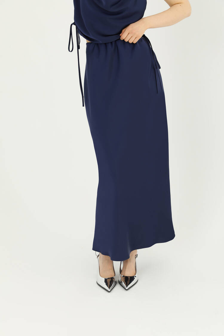 Elegant NavyMaxi Slip Skirt With Tie Closure