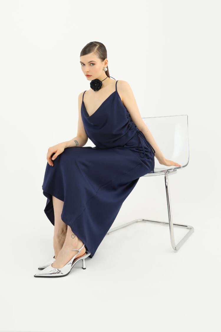 Elegant NavyMaxi Slip Skirt With Tie Closure