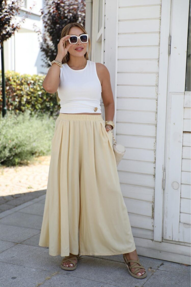 Beige Palazzo Pants Wide Leg High Waist Pull On