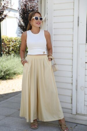 Beige Palazzo Pants Wide Leg High Waist Pull On - Brand: Cream Rouge - Women & Kids, Baby Clothes Wholesale - Globality Store