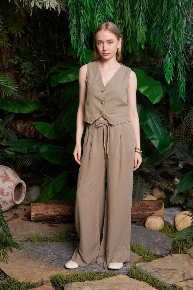 Elastic Linen Pants With Leg Detail