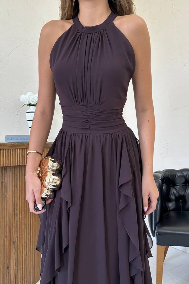 Elegant Black A-Line Halter Neck Dress