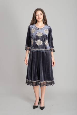 Blue Fit And Flare Dress With 3/4 Straight Sleeves