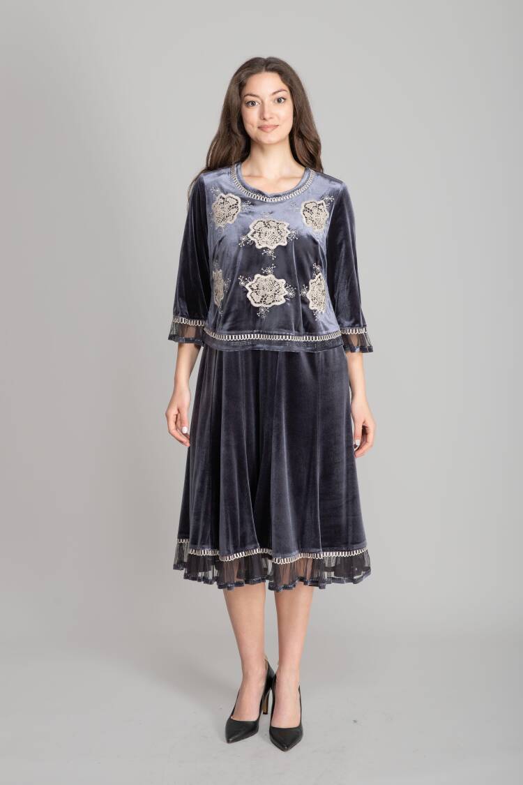 Blue Fit And Flare Dress With 3/4 Straight Sleeves