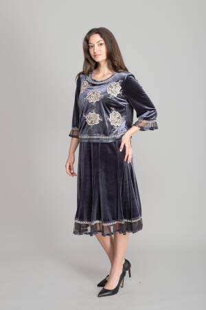 Blue Fit And Flare Dress With 3/4 Straight Sleeves