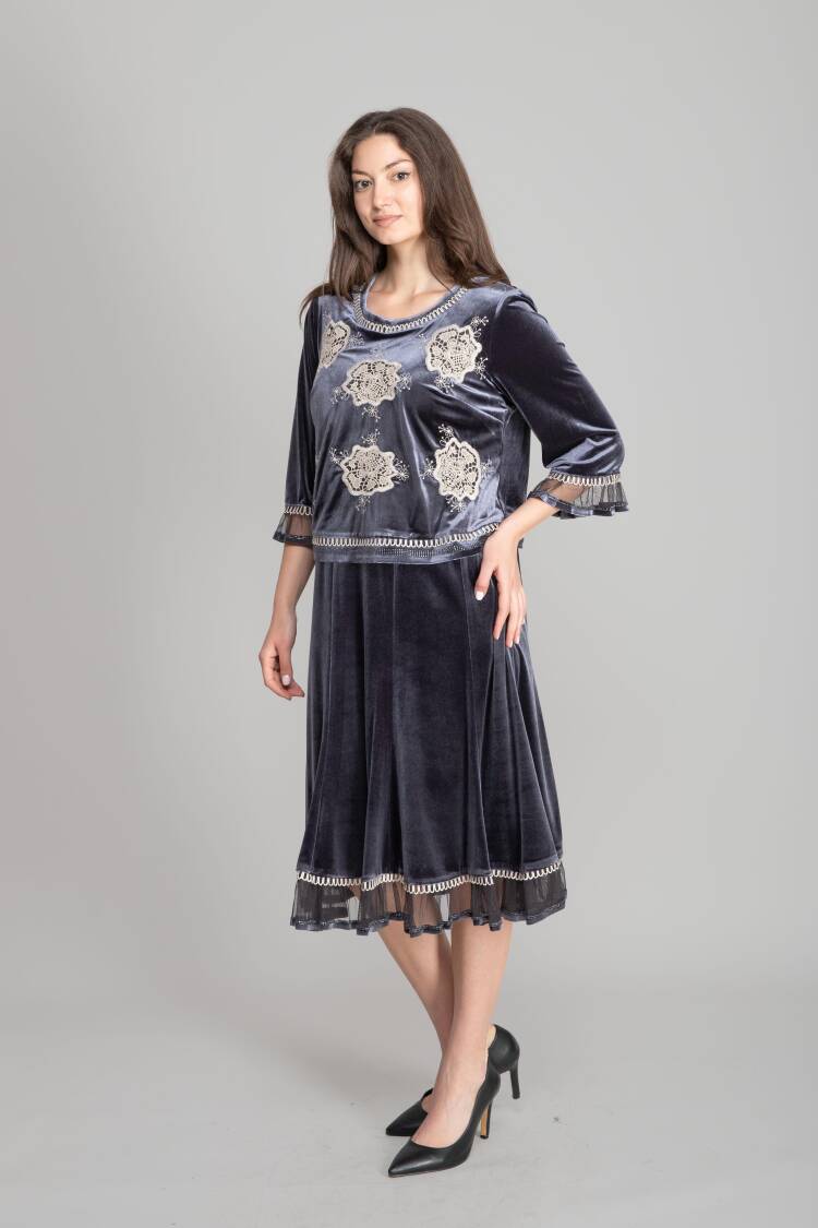 Blue Fit And Flare Dress With 3/4 Straight Sleeves