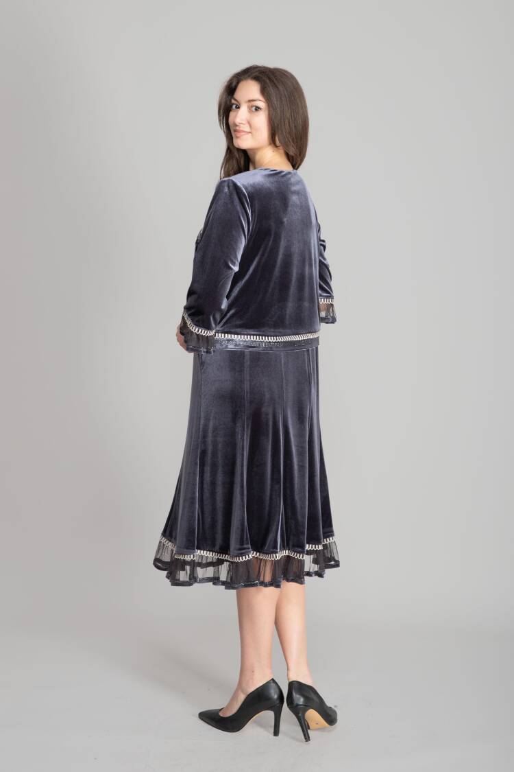 Blue Fit And Flare Dress With 3/4 Straight Sleeves