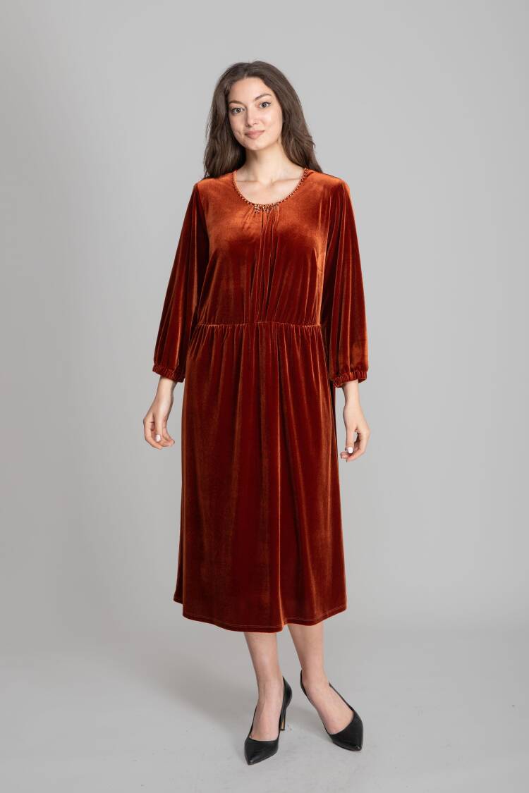 Elegant Brown A-Line Dress With Round Neck