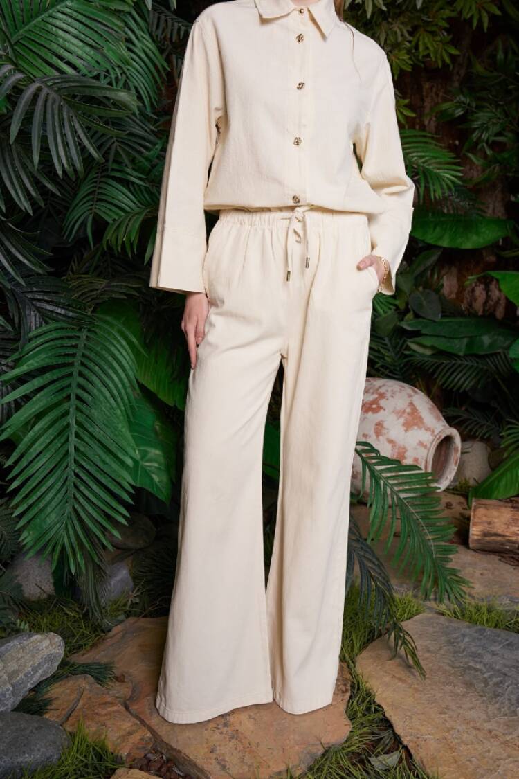 Beige Palazzo Pants With Wide Leg And Drawstring