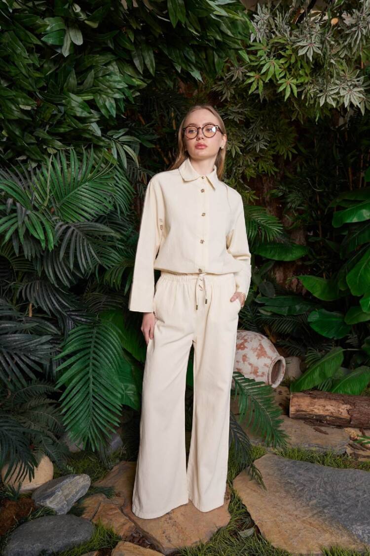 Beige Palazzo Pants With Wide Leg And Drawstring