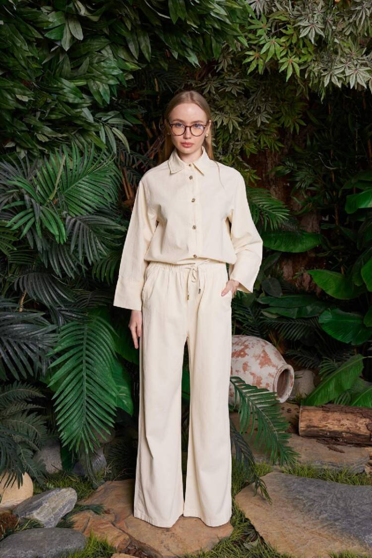 Beige Palazzo Pants With Wide Leg And Drawstring