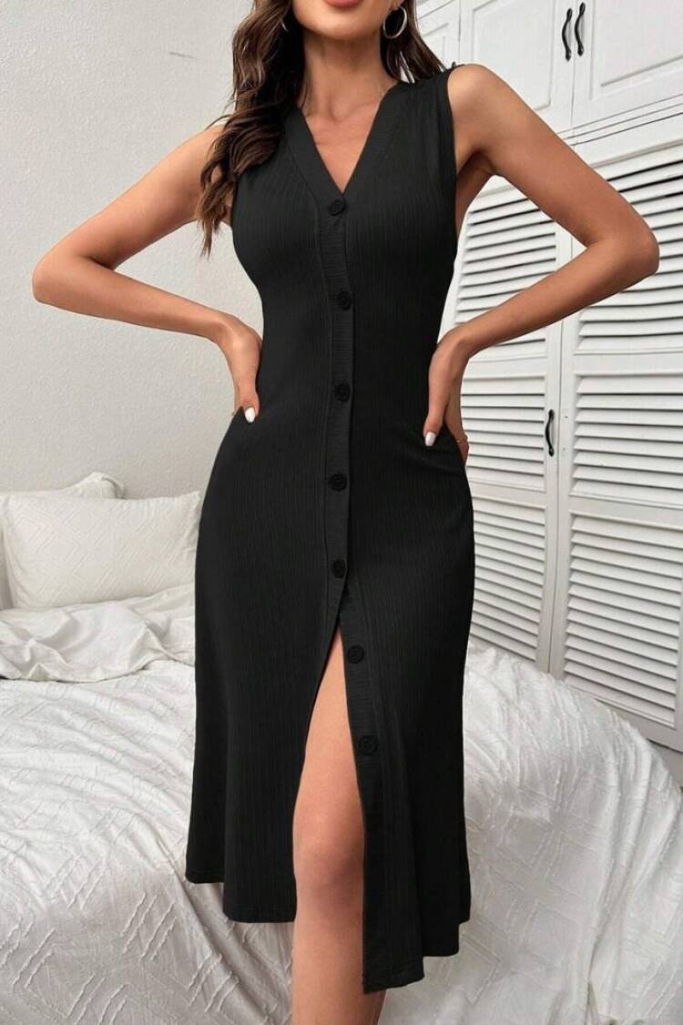 Elegant Slit Midi Dress With V-Neck