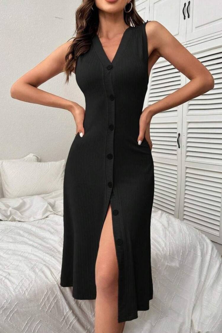 Elegant Slit Midi Dress With V-Neck