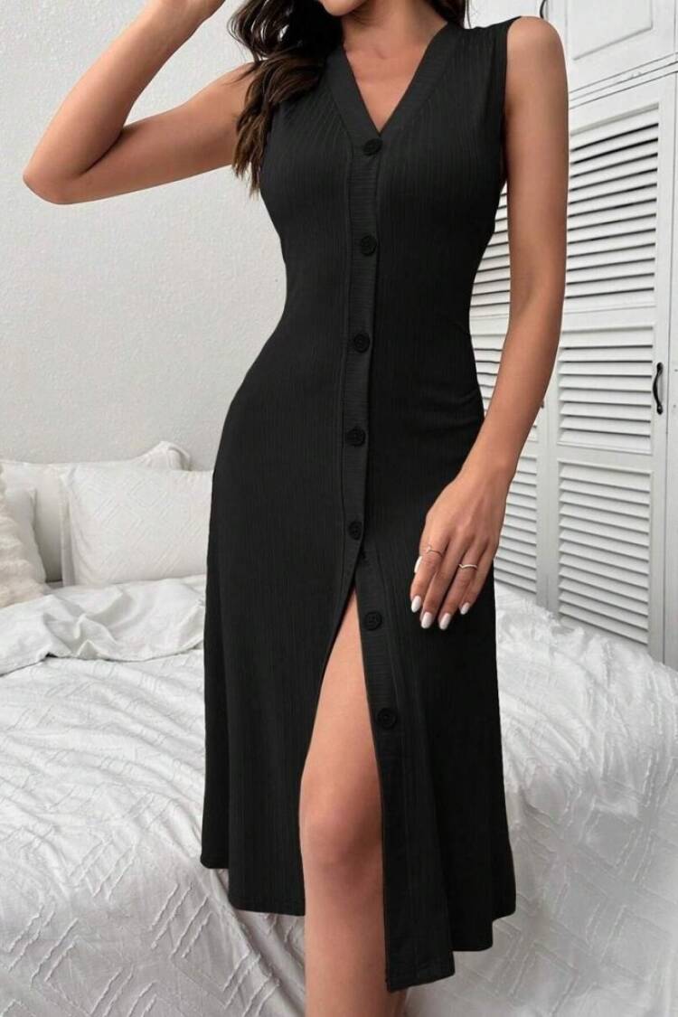 Elegant Slit Midi Dress With V-Neck