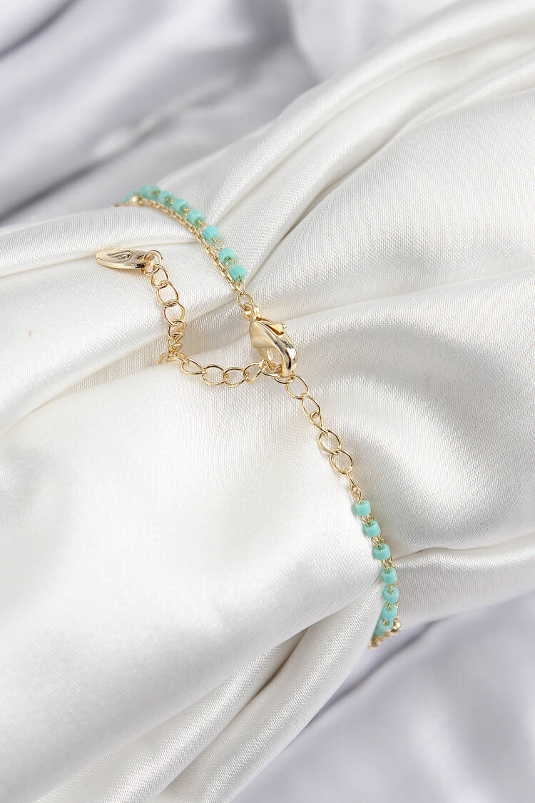 Blue Beaded Pattern Gold Color Women's Bracelet With Brass Zircon Stone