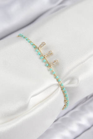 Blue Beaded Pattern Gold Color Women's Bracelet With Brass Zircon Stone