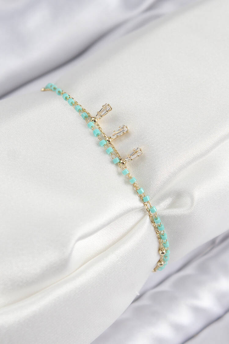 Blue Beaded Pattern Gold Color Women's Bracelet With Brass Zircon Stone