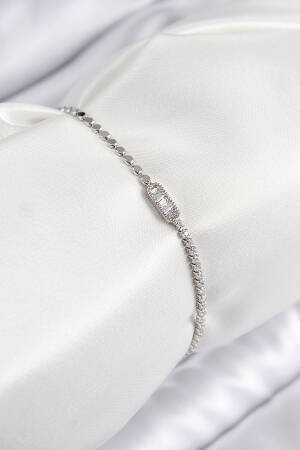 Brass Zircon Stone Rectangle Pattern Crush Chain Silver Color Women's Bracelet